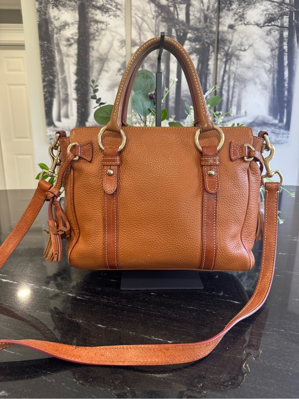 🦆Dooney & Bourke Florentine Pocket Satchel Natural Tan Cognac Leather Crossbody - Picture 9 of 16